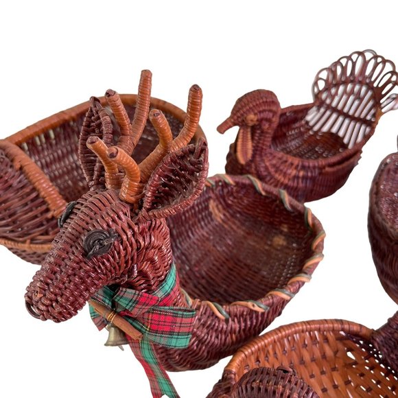 Vintage 6 Wicker and Wood Animal Basket 6 pc Lot Turkey Duck Rabbit Reindeer - Picture 9 of 15
